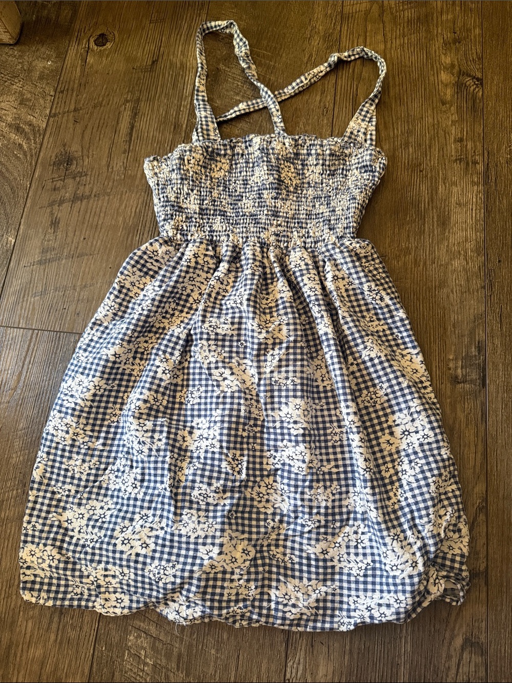 Women’s Blue Gingham Floral Smocked Sundress with Straps
